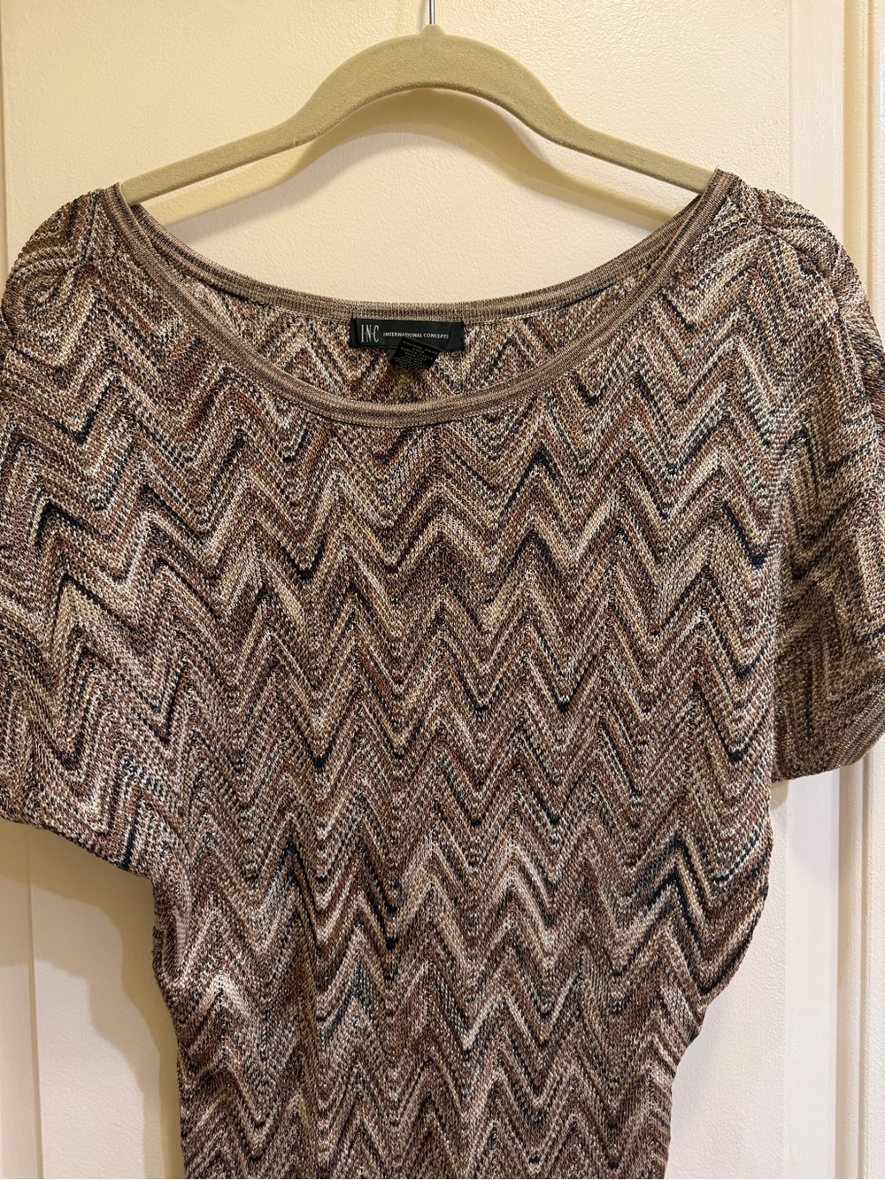 INC International Concepts Brown Chevron Short-Sleeve Knit Sweater Top